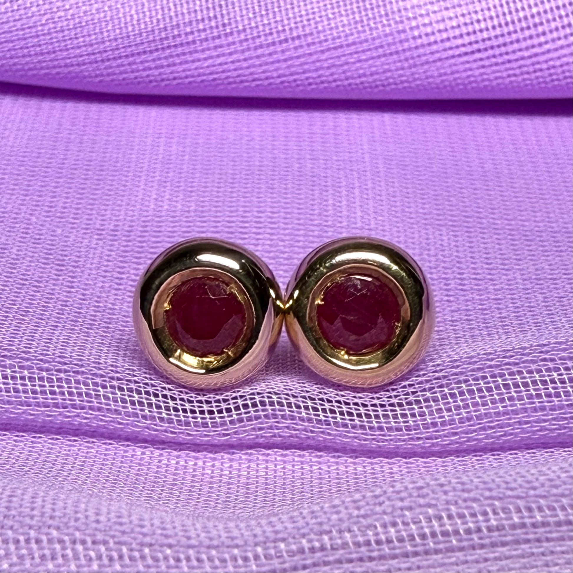Real Red Ruby Round Stud Earrings 9 carat Yellow Gold
