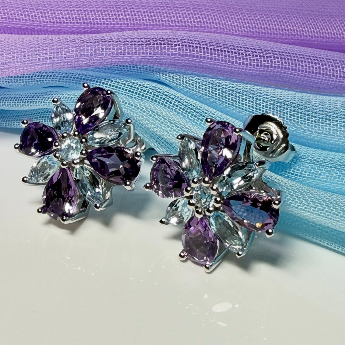 Pair of real amethyst and real blue topaz fancy spray stud earrings