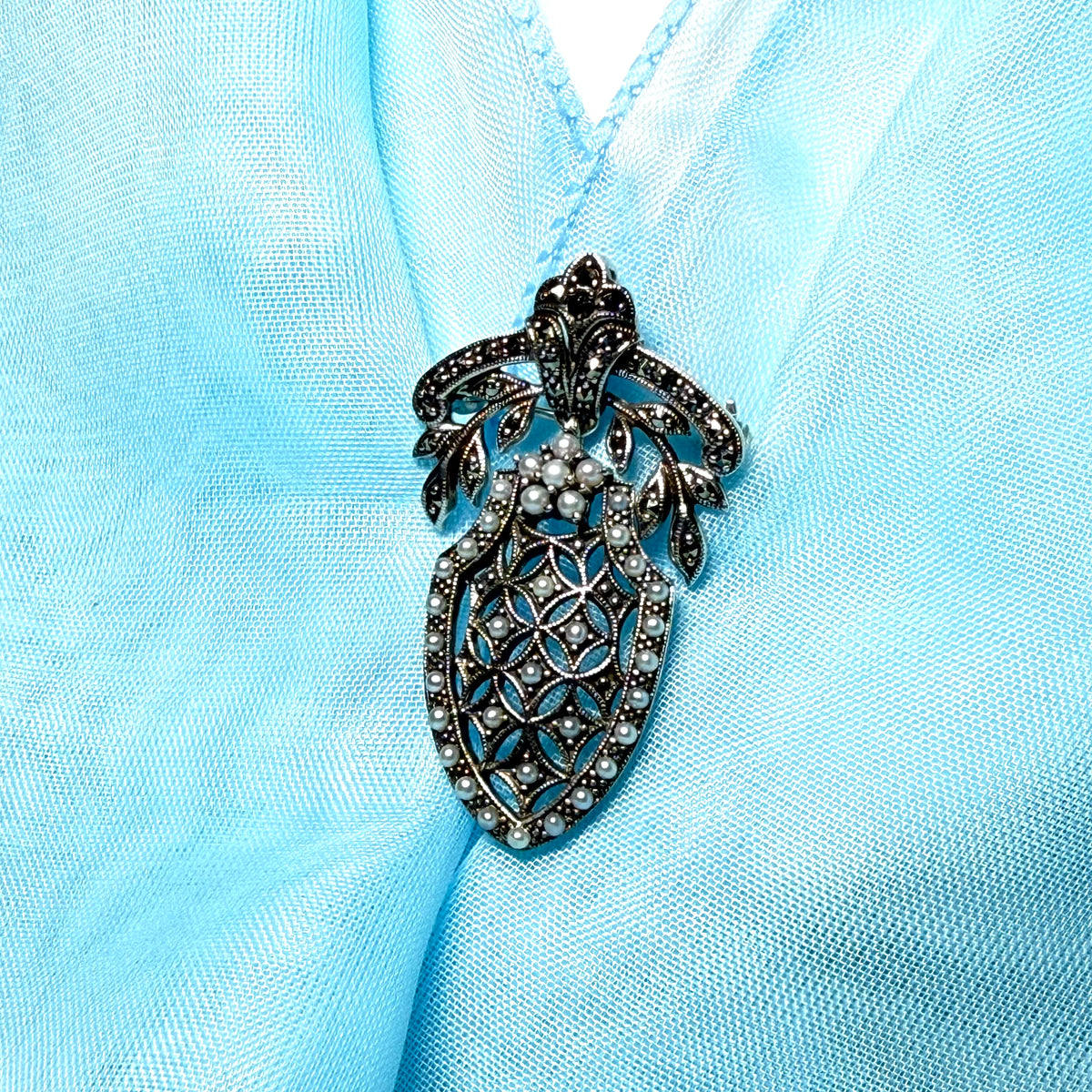 Pearl shield shaped brooch real freshwater cultured sterling silver with marcasite stones