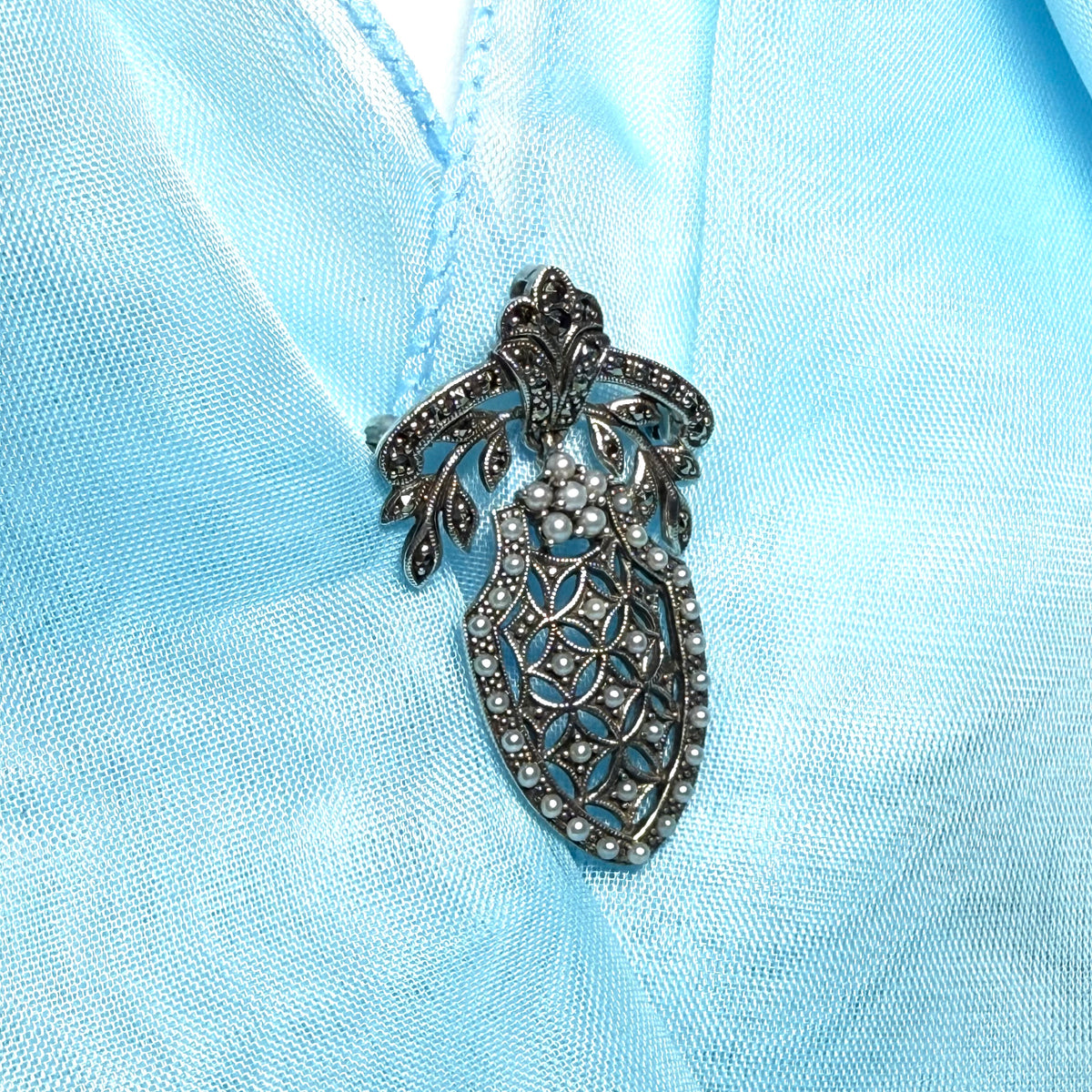 Pearl shield shaped brooch real freshwater cultured sterling silver with marcasite stones