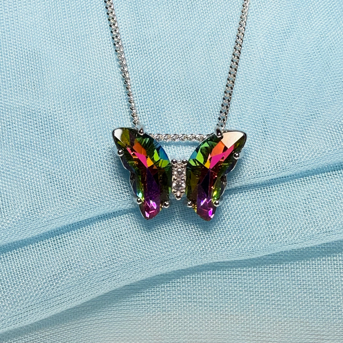 Purple multi coloured crystal glass necklace blue butterfly shape pendant sterling silver