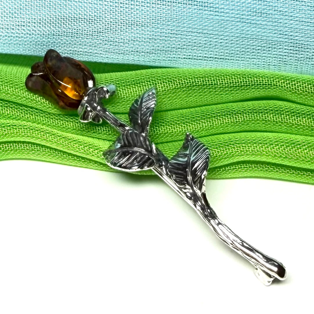 Real Amber Rose Shaped Brooch Sterling Silver