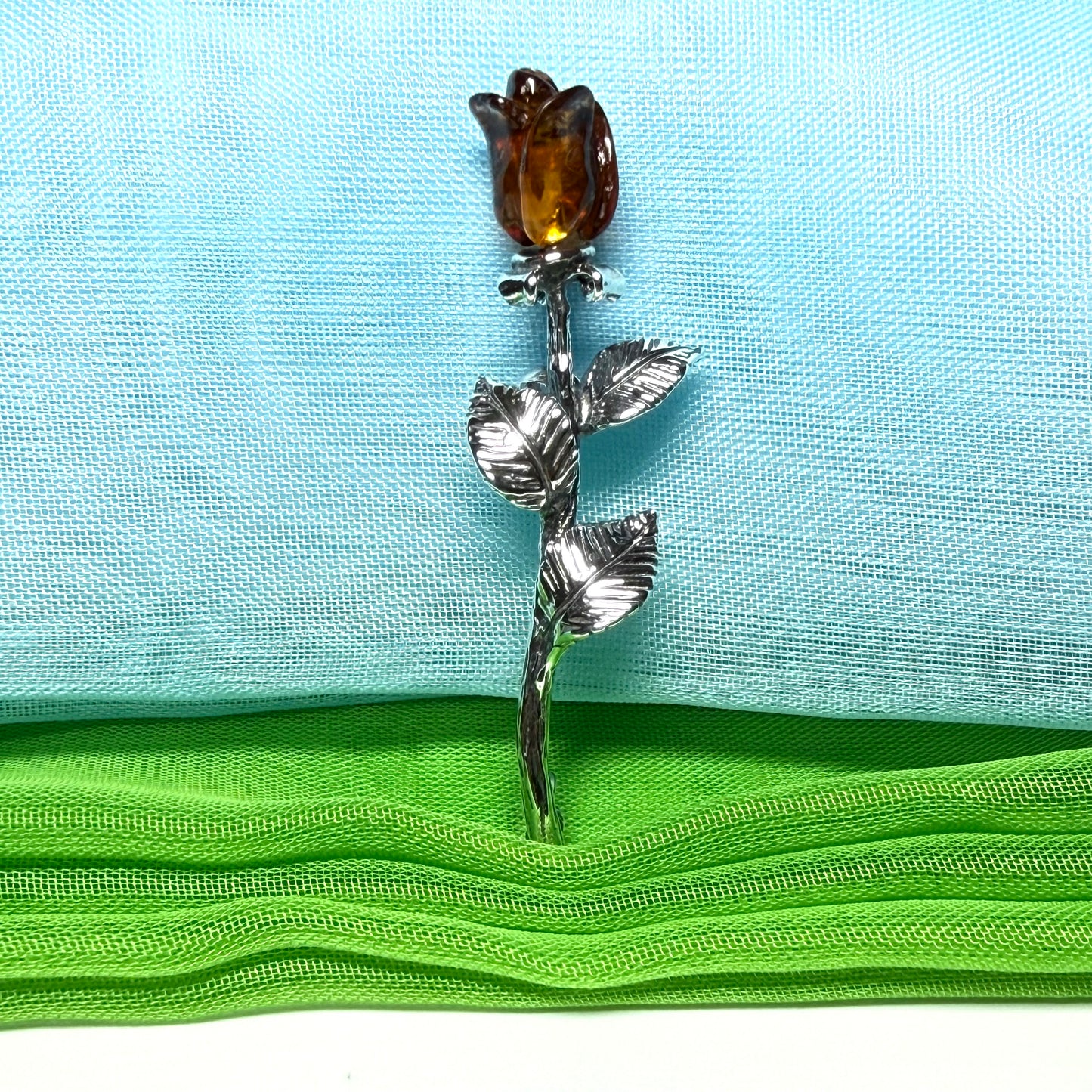 Real Amber Rose Shaped Brooch Sterling Silver