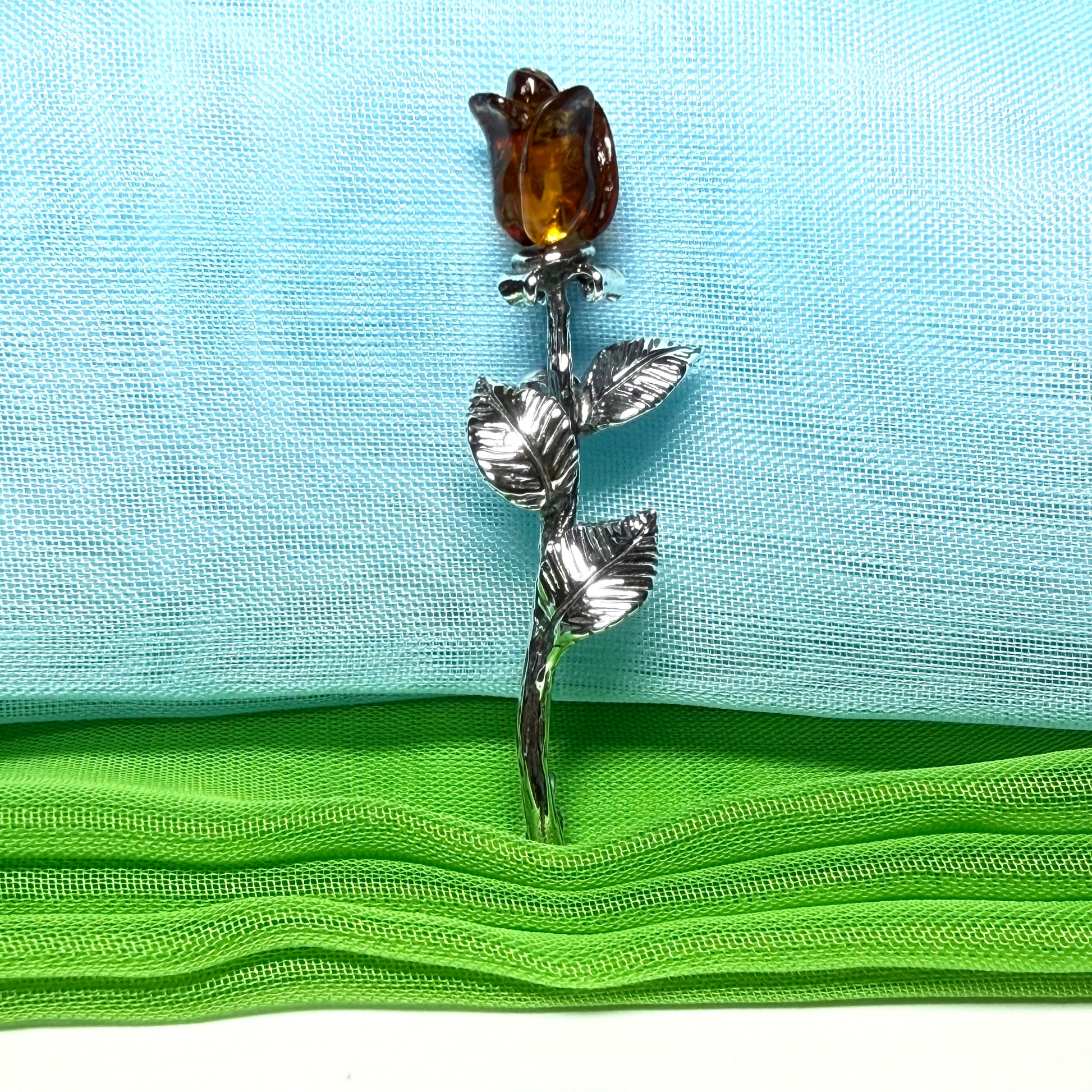 Real Amber Rose Shaped Brooch Sterling Silver