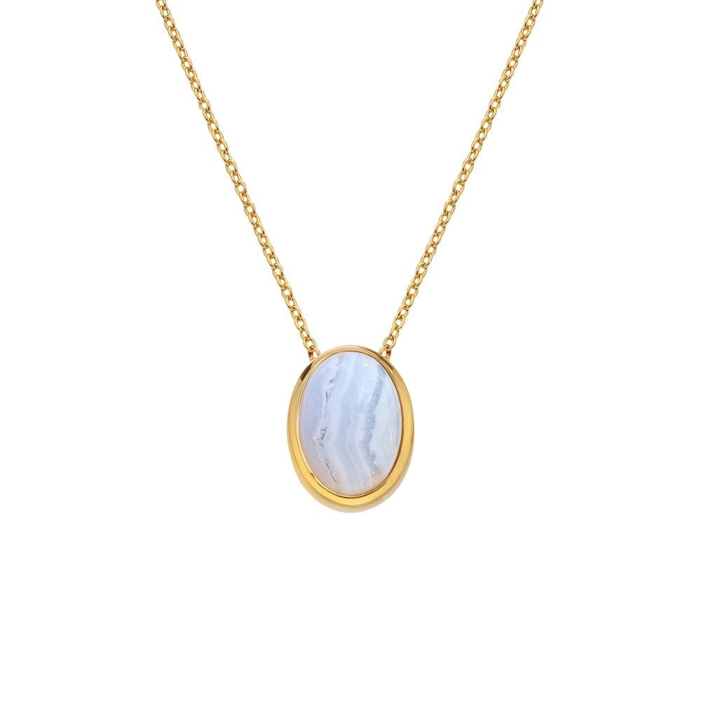 A Real Blue Agate and Diamond Oval Shaped Gold Plated Necklace
