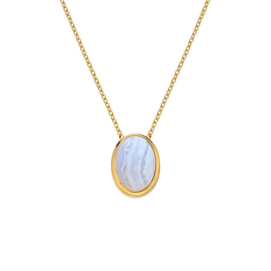 A Real Blue Agate and Diamond Oval Shaped Gold Plated Necklace