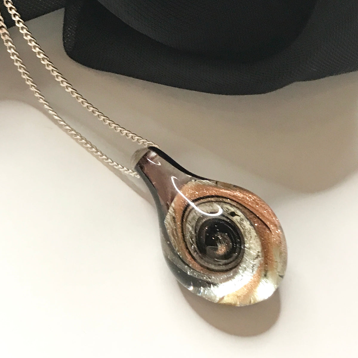 Real Murano glass necklace copper, clear and black coloured pendant including chain