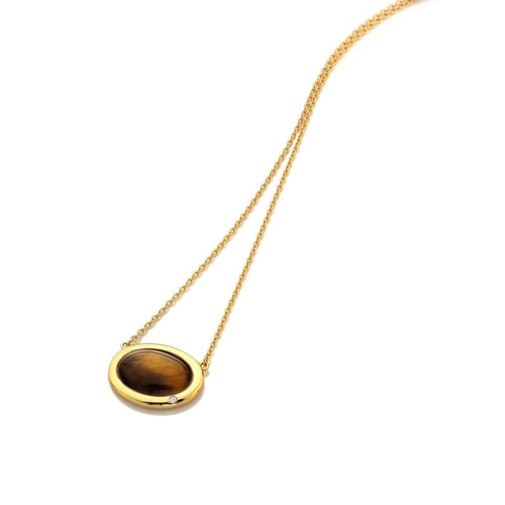 Real Tiger Eye oval shaped necklace sterling silver gold plated