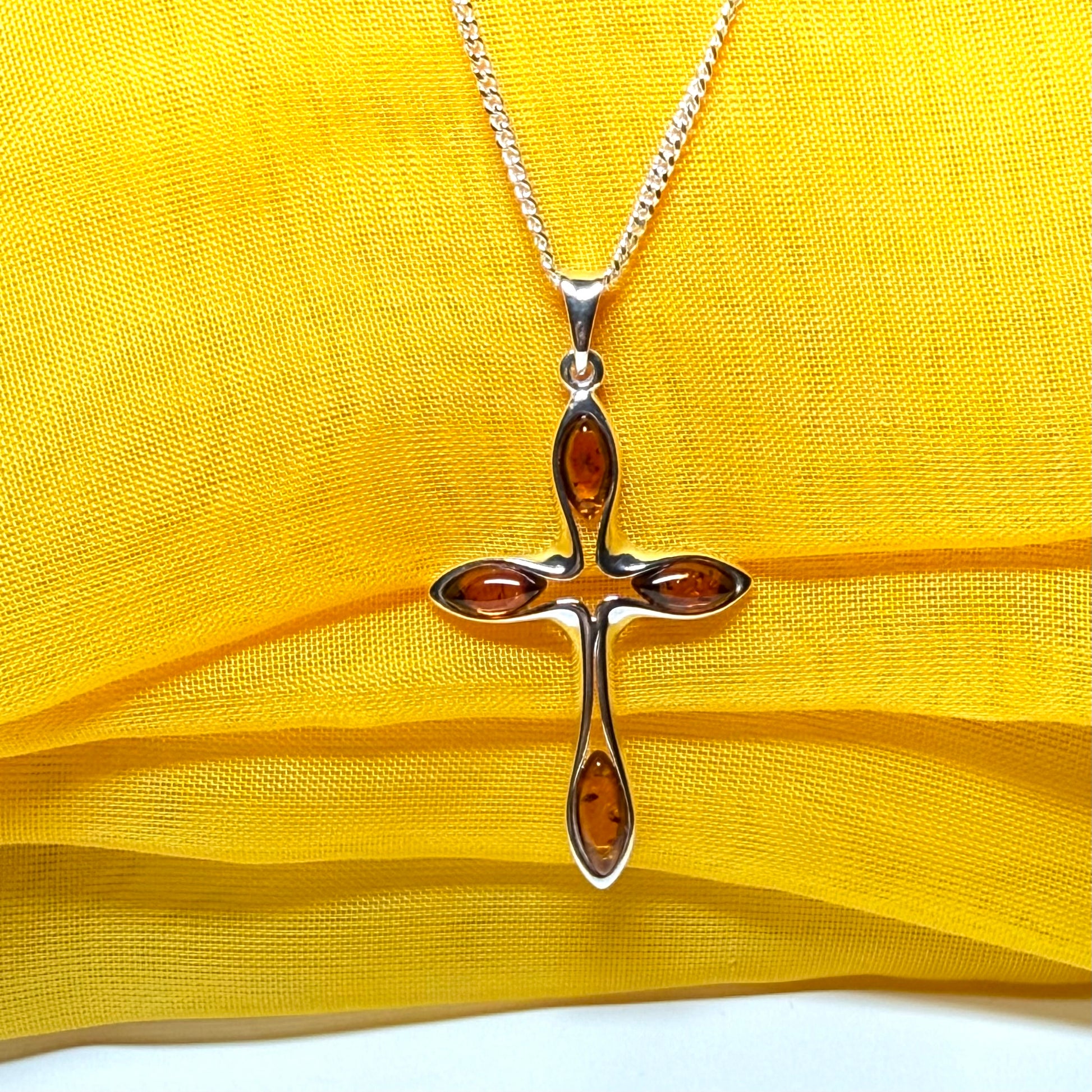 Real amber cross necklace sterling silver pendant