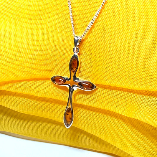 Real amber cross necklace sterling silver pendant