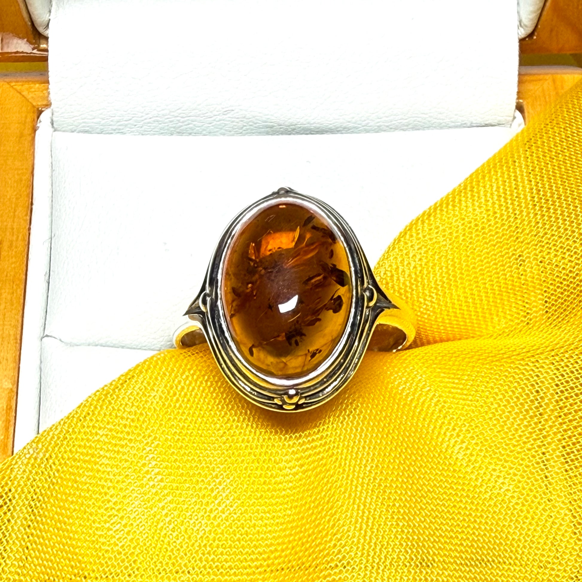 Real amber dress cocktail ring sterling silver oval shape open fancy scrolled shoulders