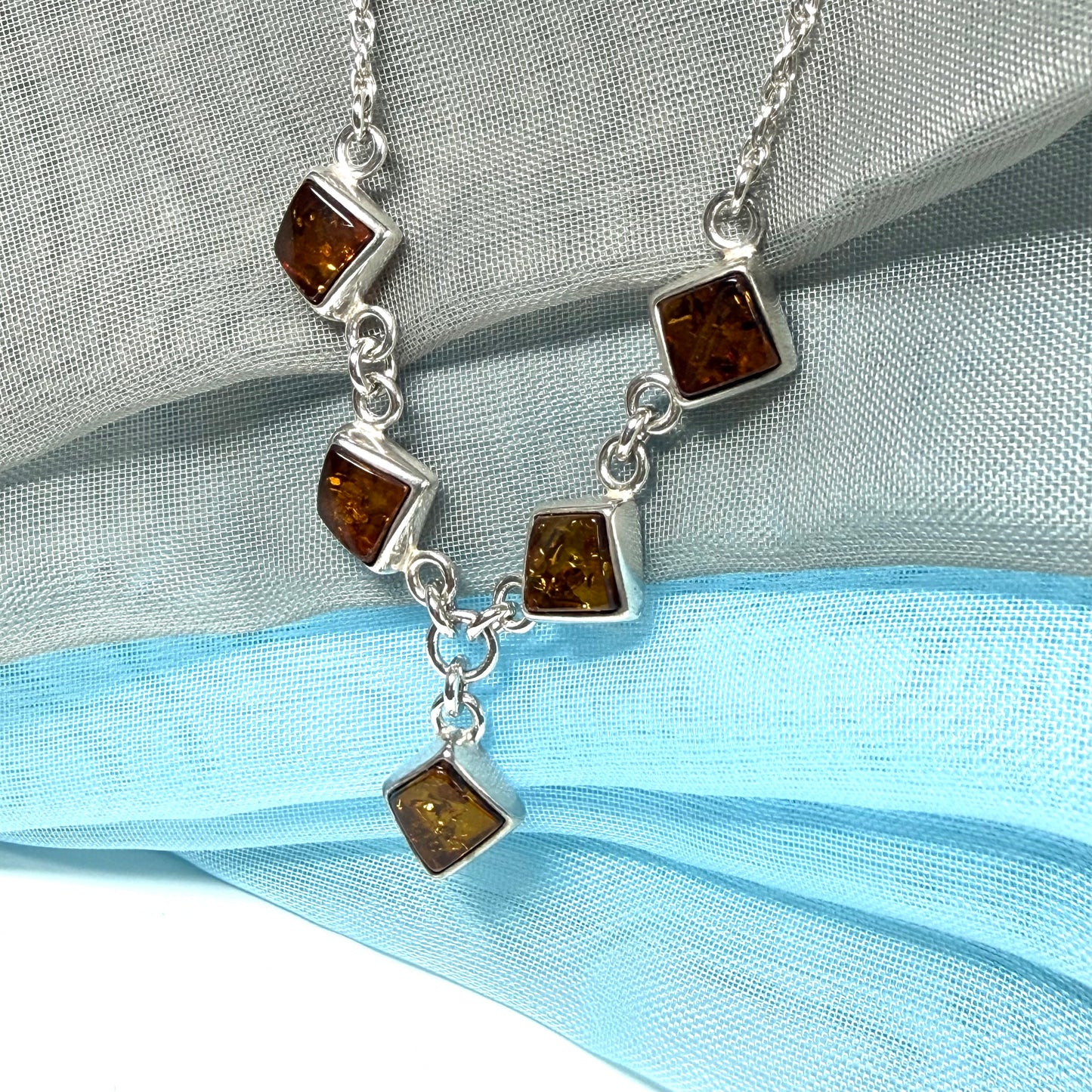 Real amber necklace sterling silver five stone drop pendant