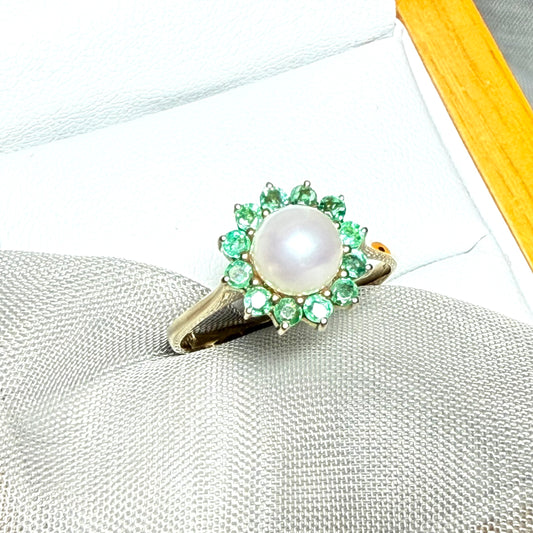 Real cultured pearl and real emerald yellow gold round cluster ring
