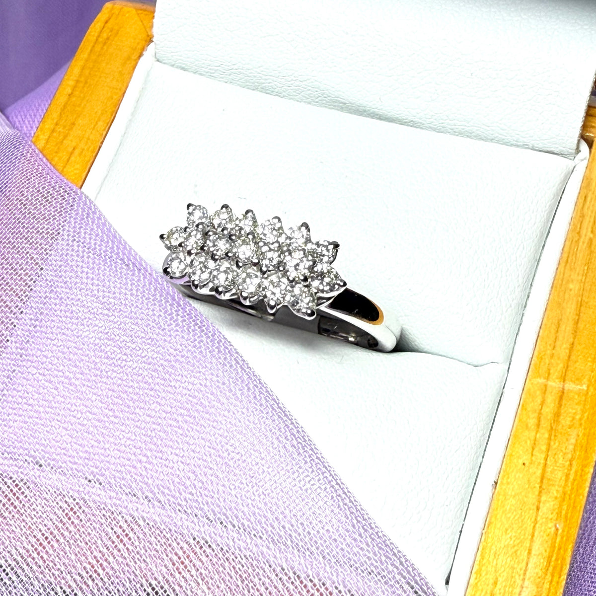 Real diamond three row cluster ring 18 carat white gold 77 points
