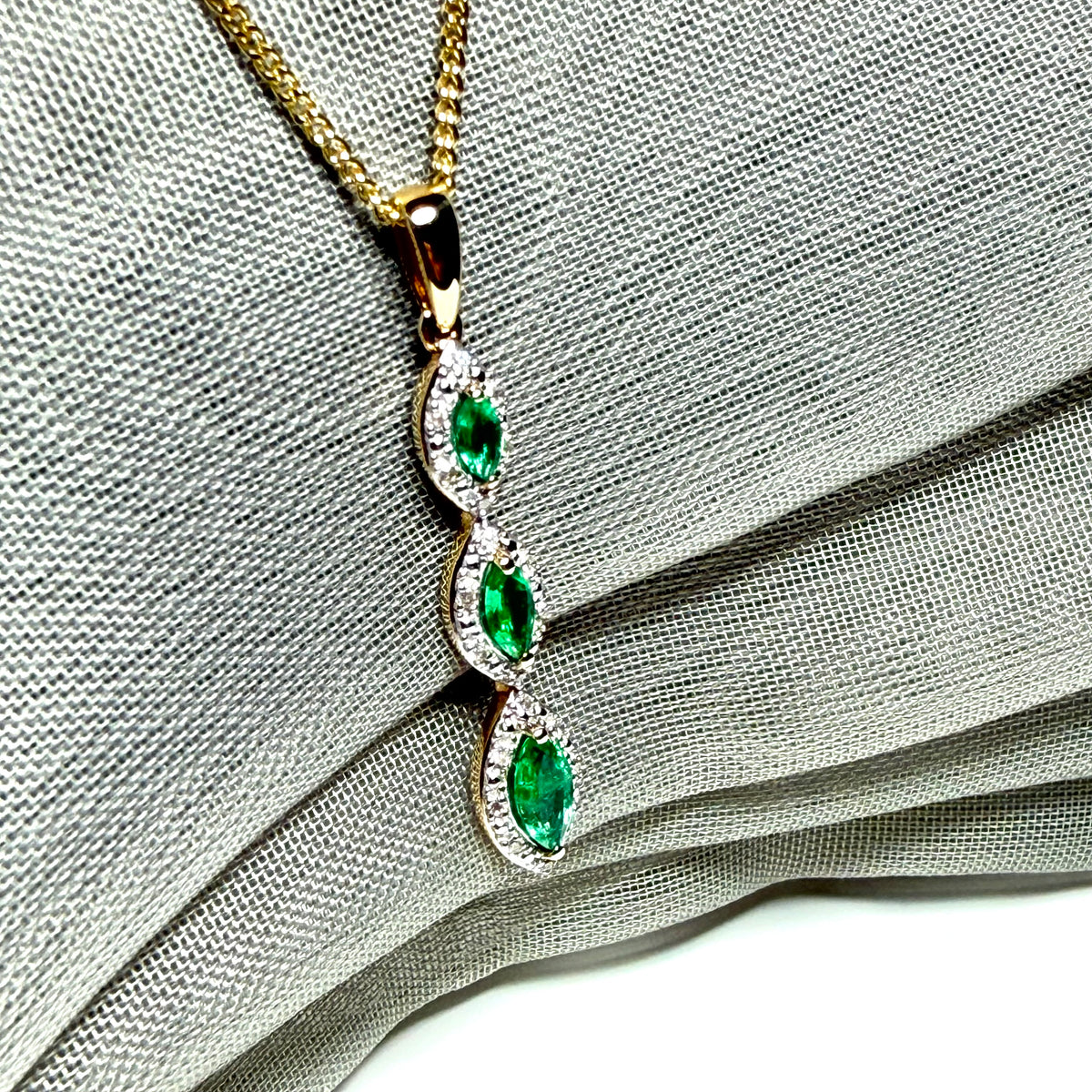Real emerald and diamond necklace triple trilogy cluster pendant yellow gold