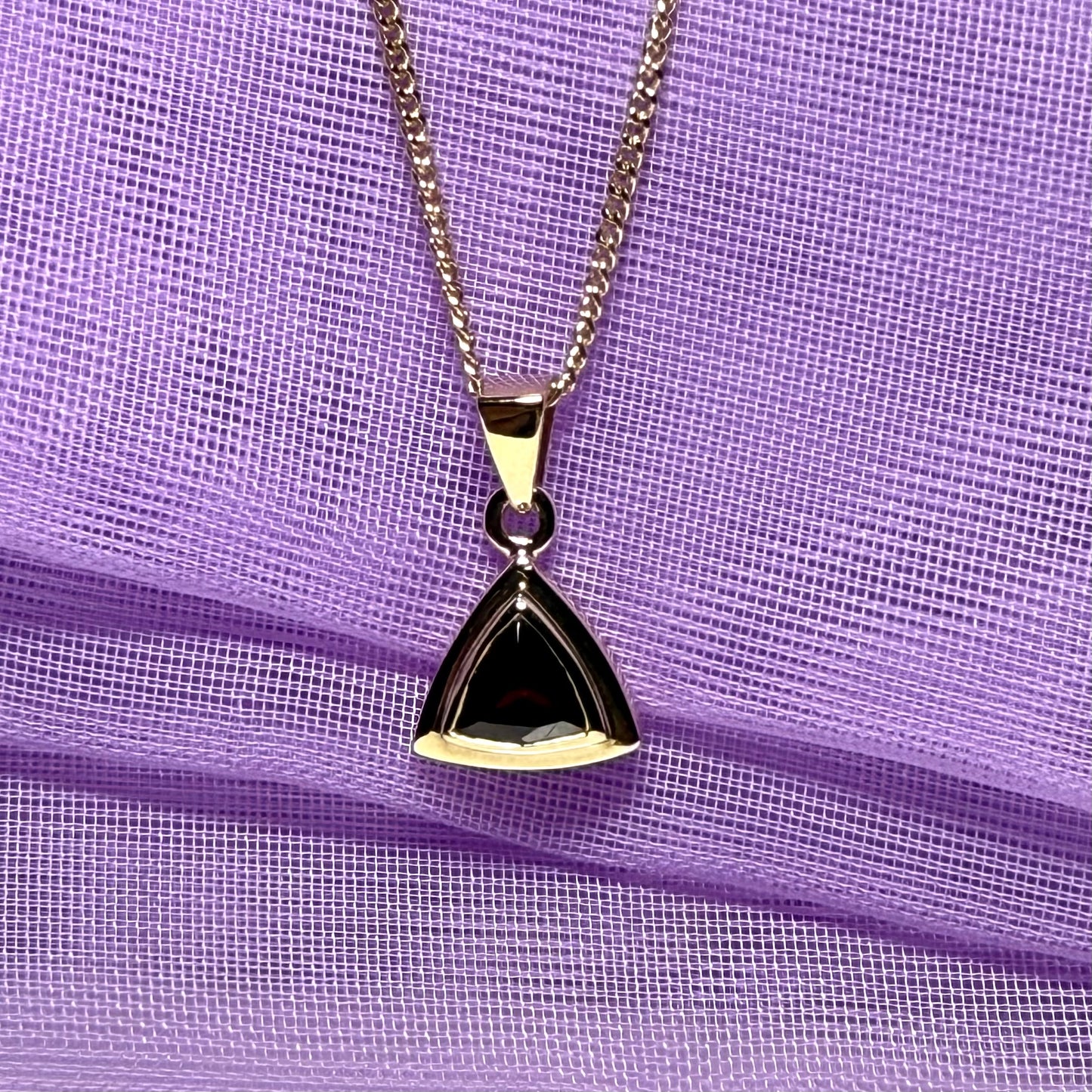 Real garnet necklace triangle shaped yellow gold pendant