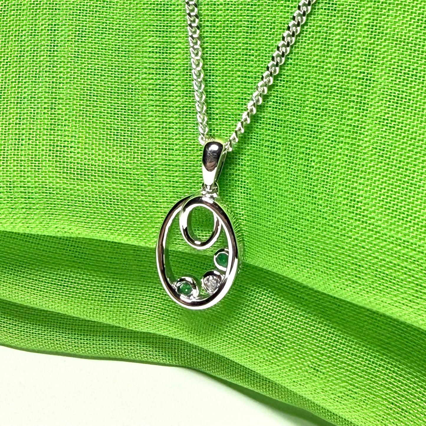 Real green emerald sterling silver oval necklace pendant with cubic zirconia