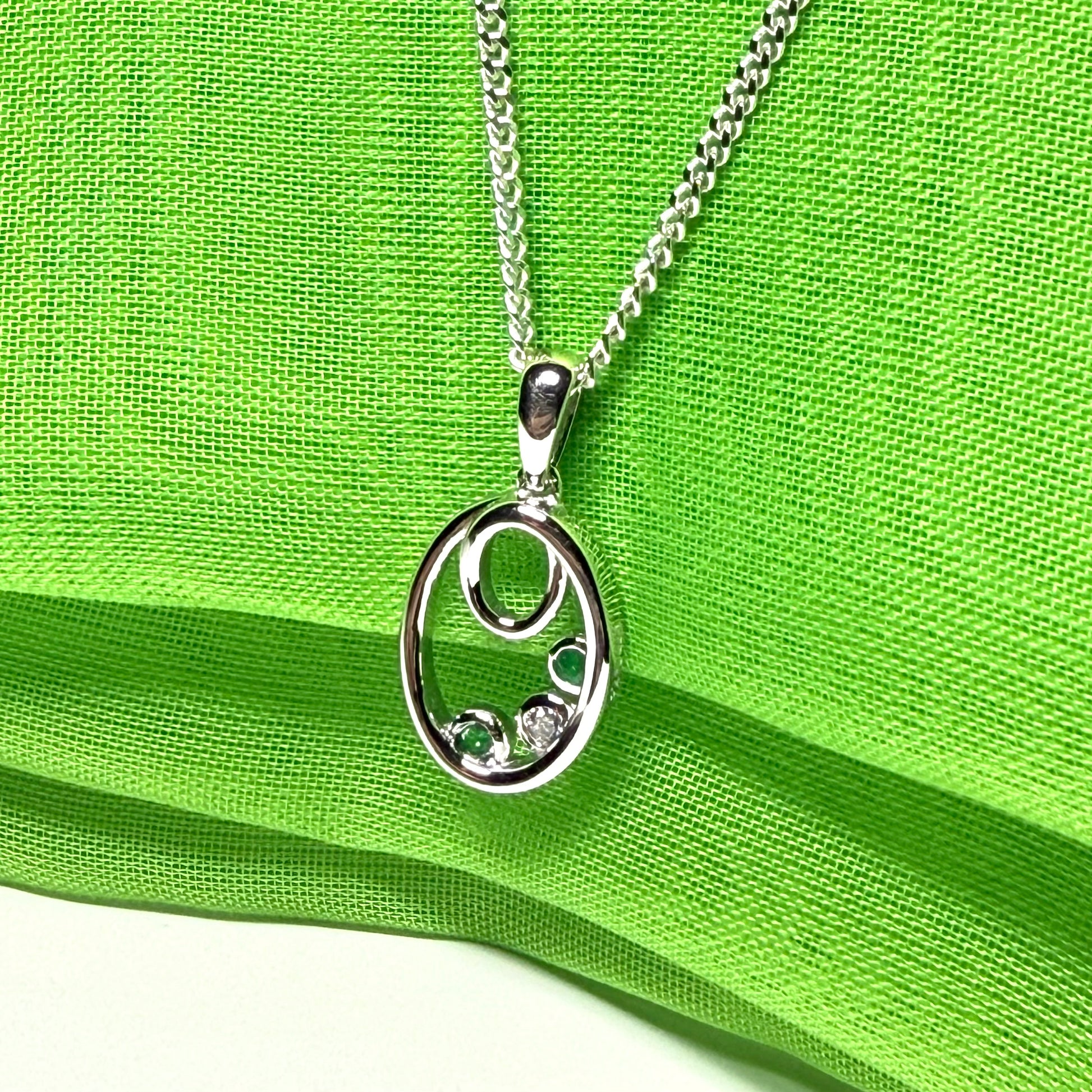 Real green emerald sterling silver oval necklace pendant with cubic zirconia
