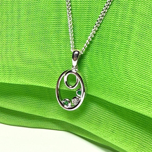 Real green emerald sterling silver oval necklace pendant with cubic zirconia