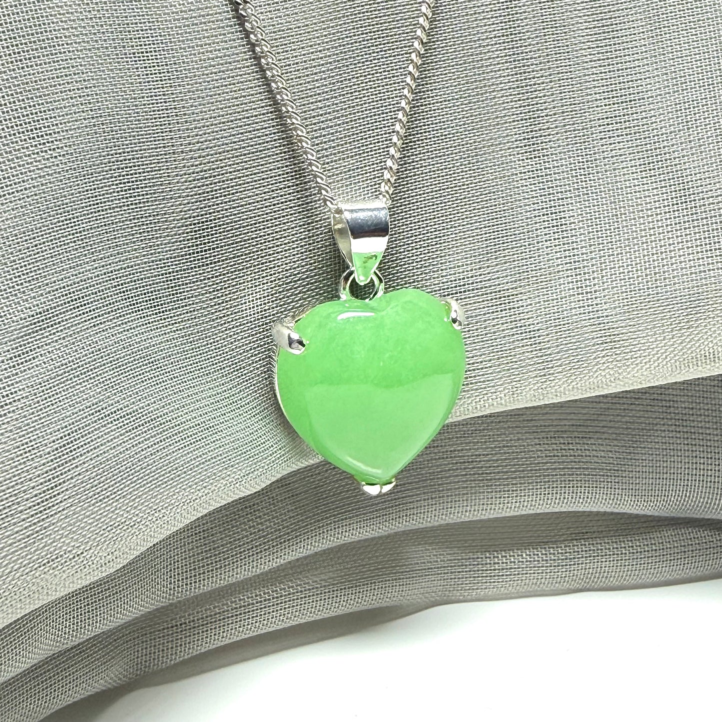 Real green jade necklace heart shaped sterling silver with chain included