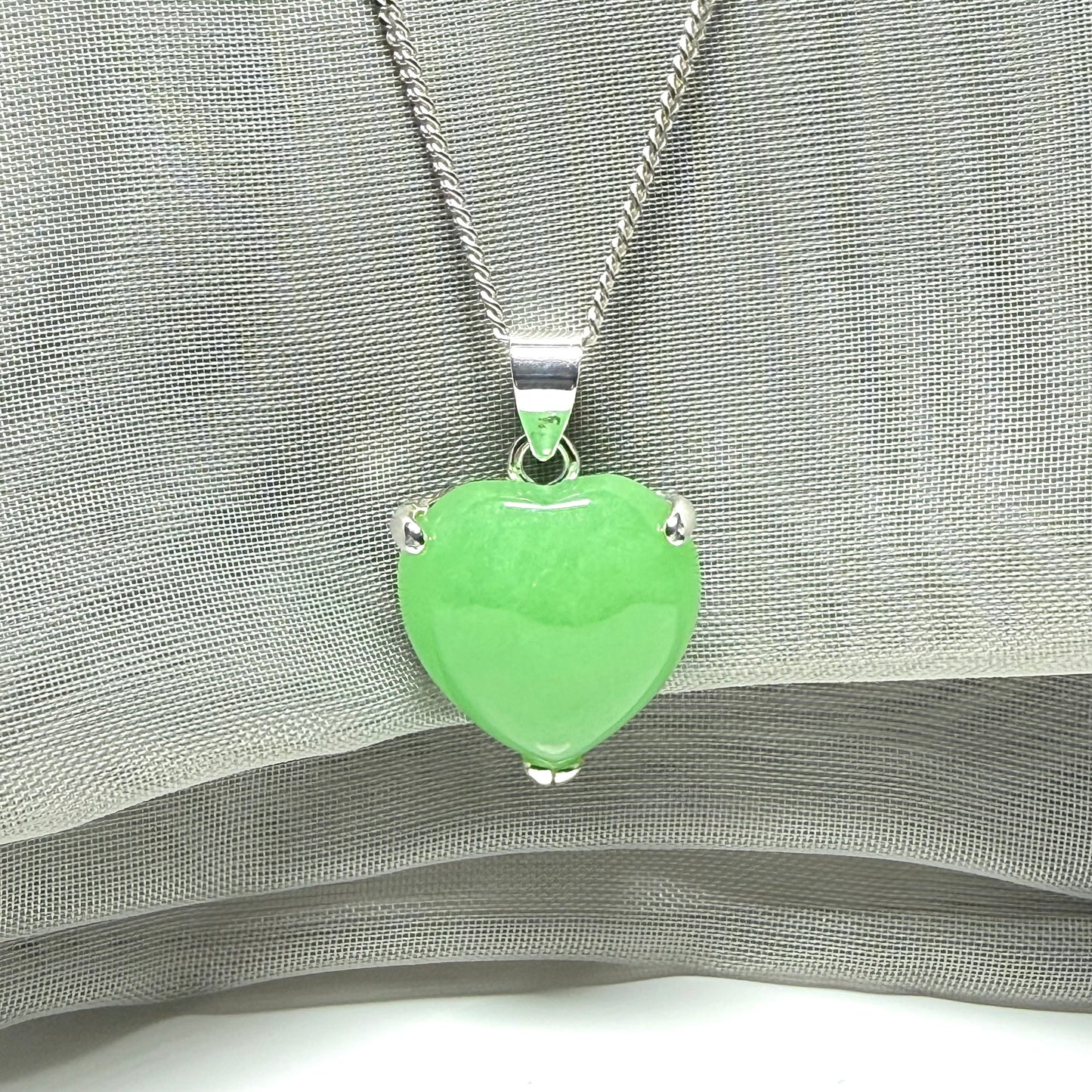 Real green jade necklace heart shaped sterling silver with chain included