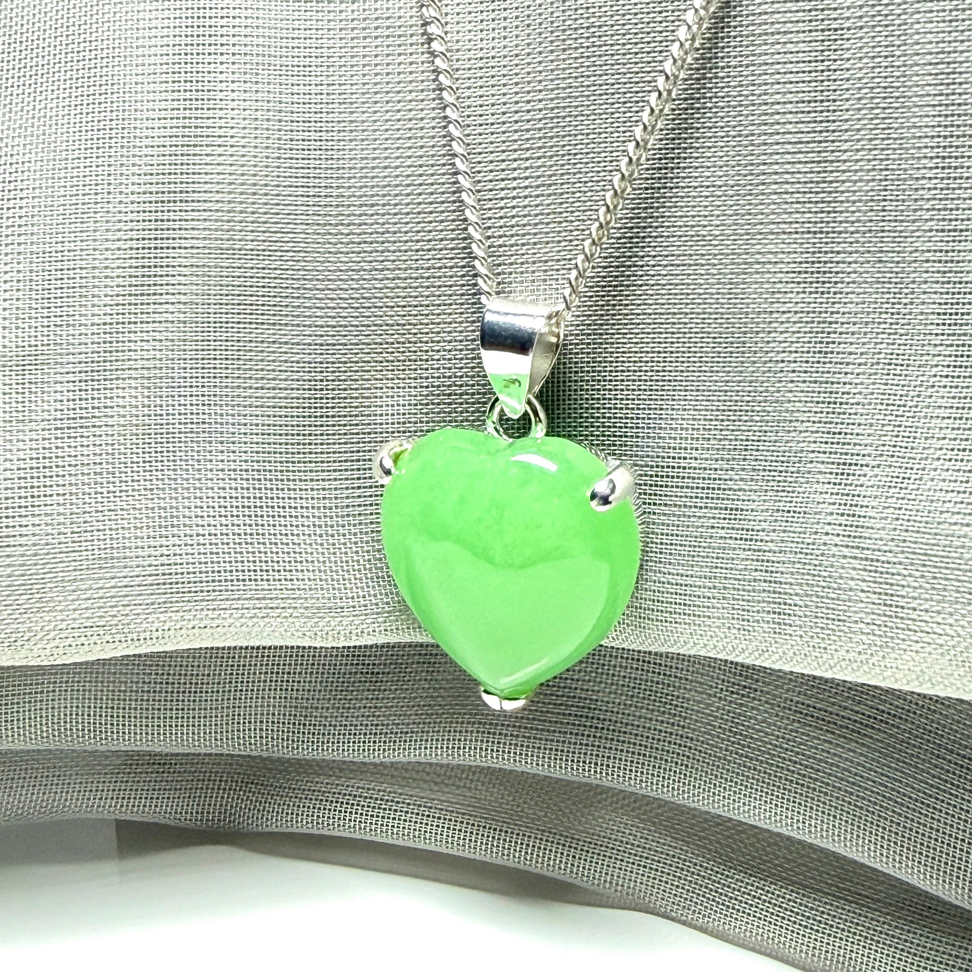 Real green jade necklace heart shaped sterling silver with chain included