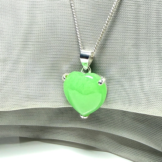 Real green jade necklace heart shaped sterling silver with chain included