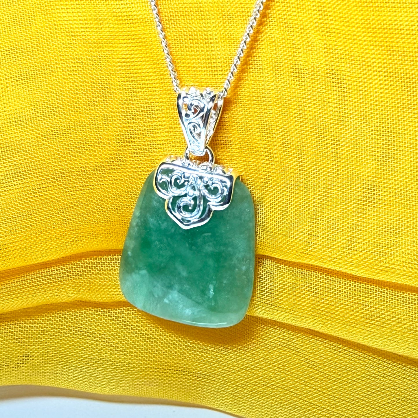 Real green jade necklace sterling silver large cushion shaped, a truly stunning pendant
