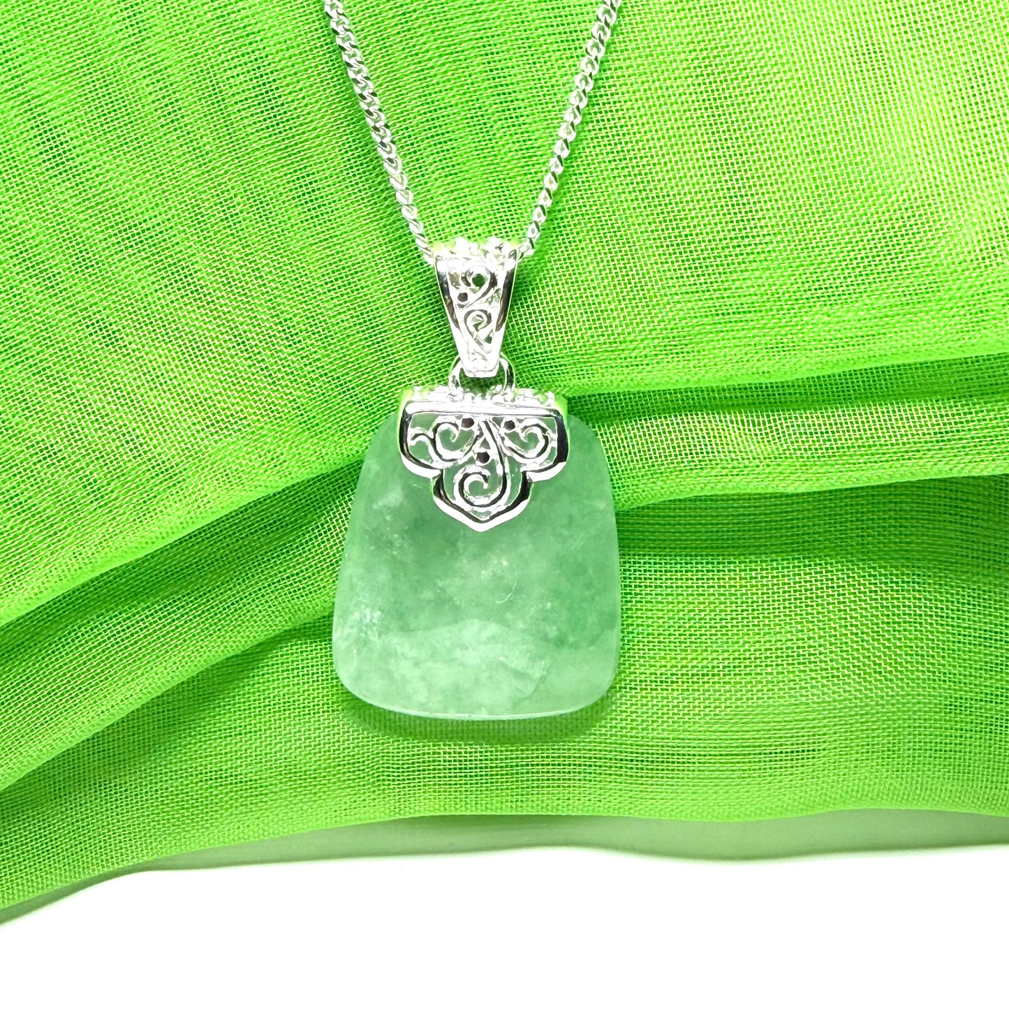 Real green jade necklace sterling silver large cushion shaped, a truly gorgeous pendant