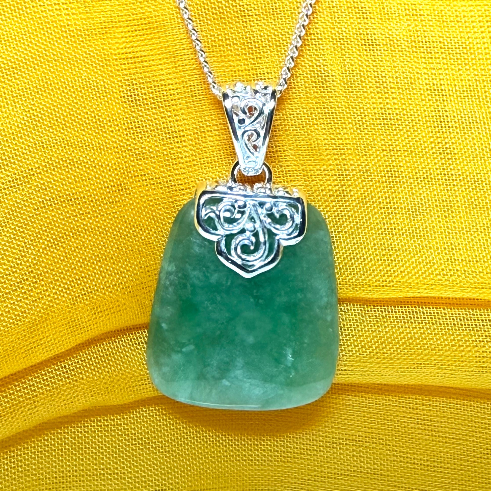 Real green jade necklace sterling silver large cushion shaped, a truly stunning pendant