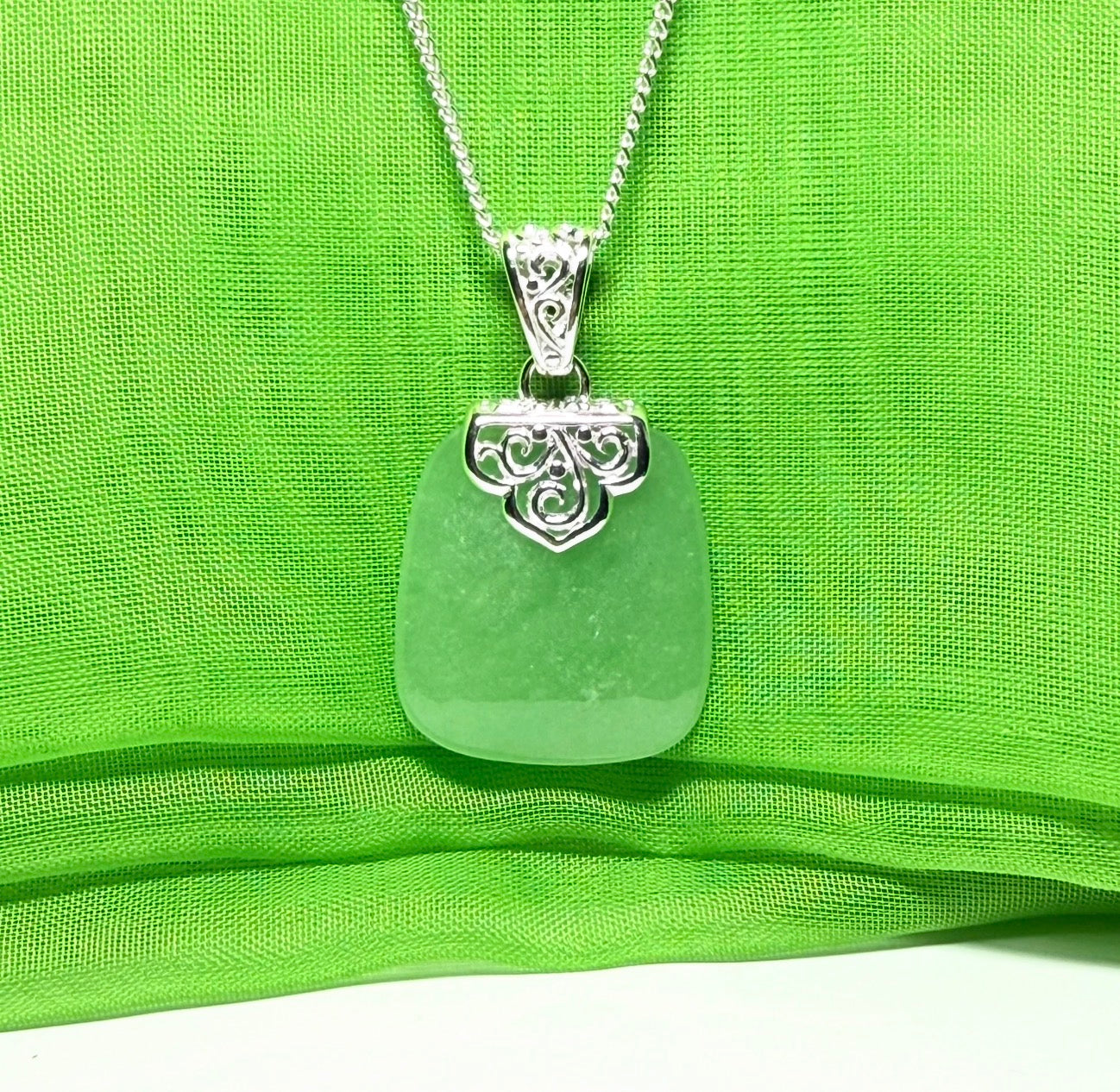 Real jade necklace green sterling silver large cushion shaped, a truly stunning pendant