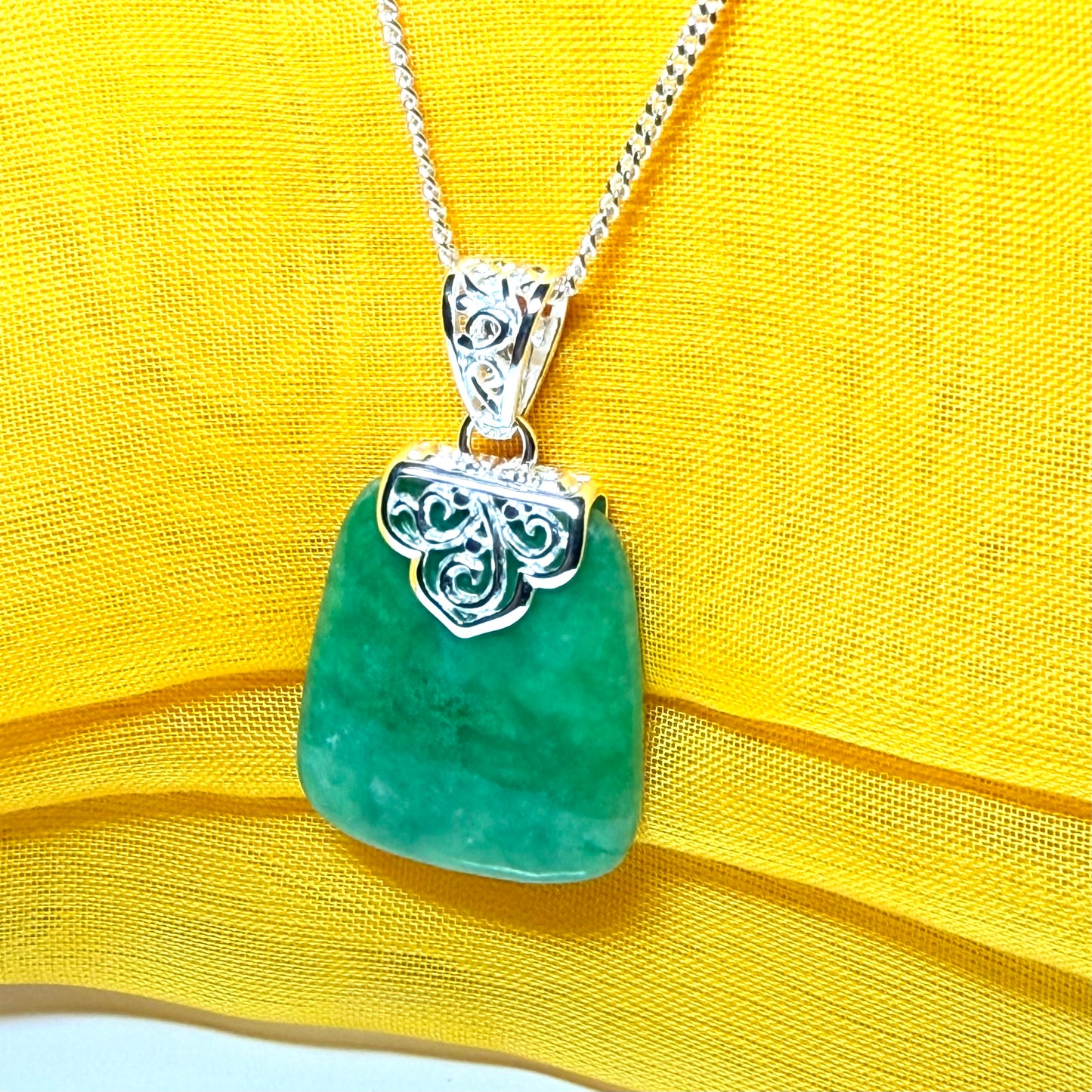 Real jade necklace green sterling silver large cushion shaped pendant, a truly stunning design
