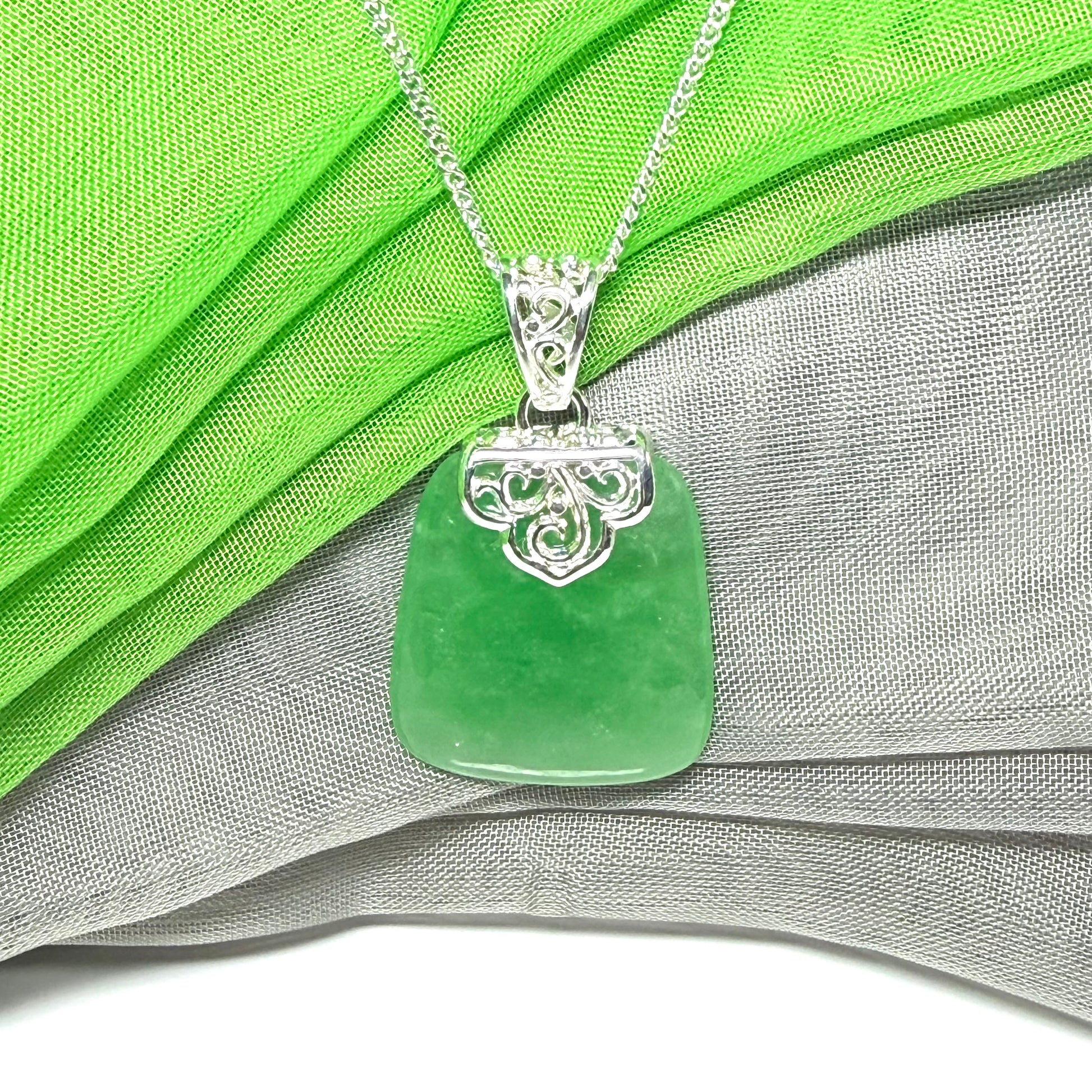 Real jade necklace green sterling silver large cushion shaped, a truly gorgeous design with chain