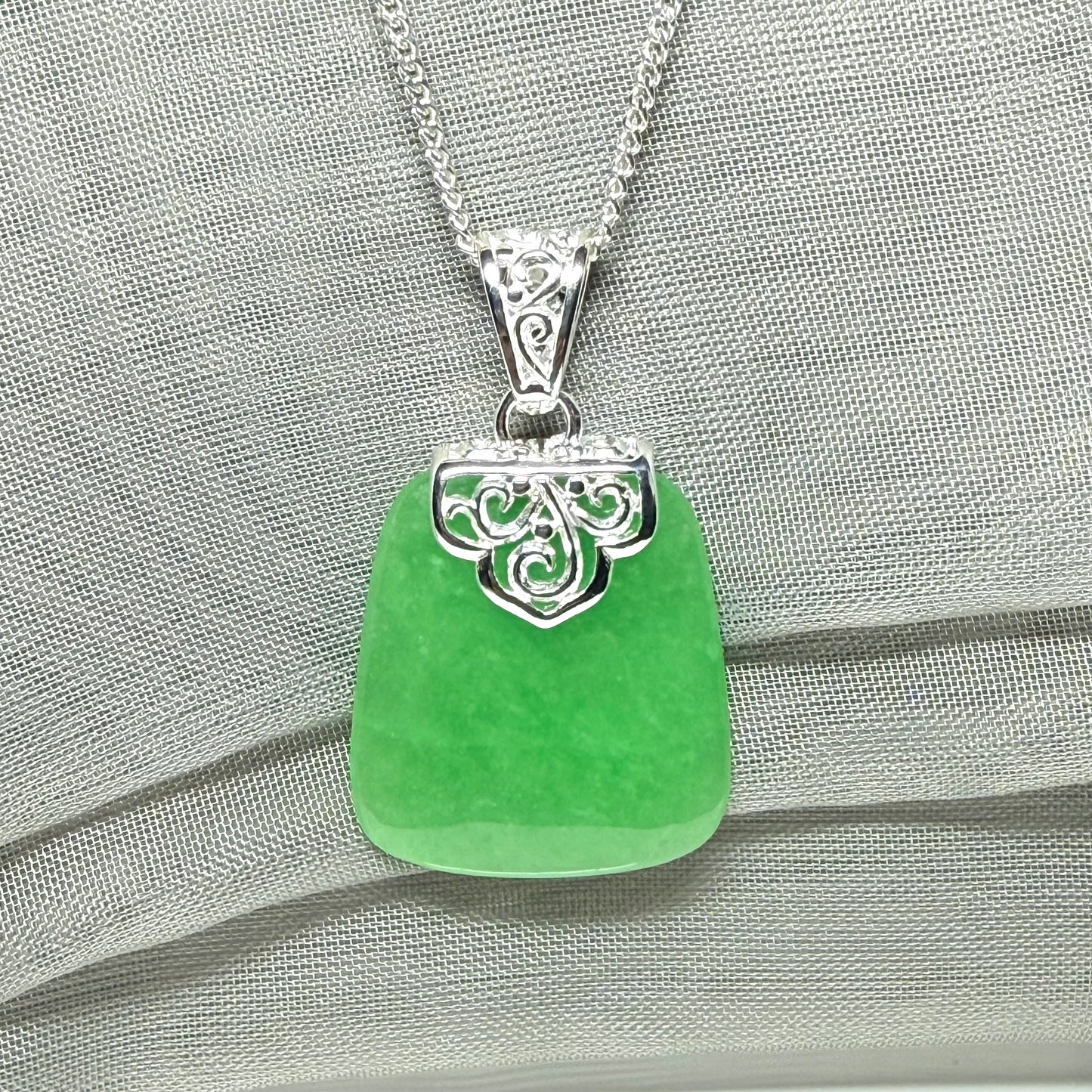 Real jade necklace green sterling silver large cushion shaped, a truly stunning designed pendant