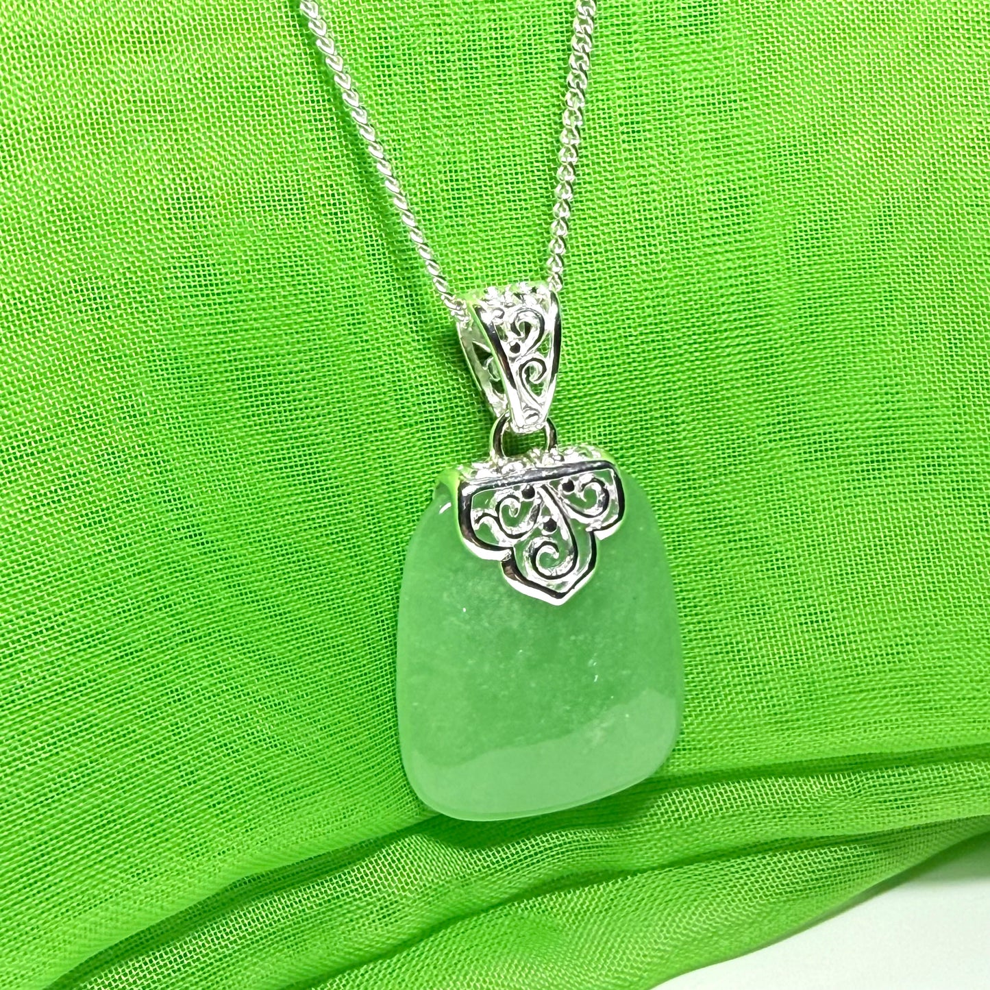 Real jade necklace green sterling silver large cushion shaped, a truly stunning pendant