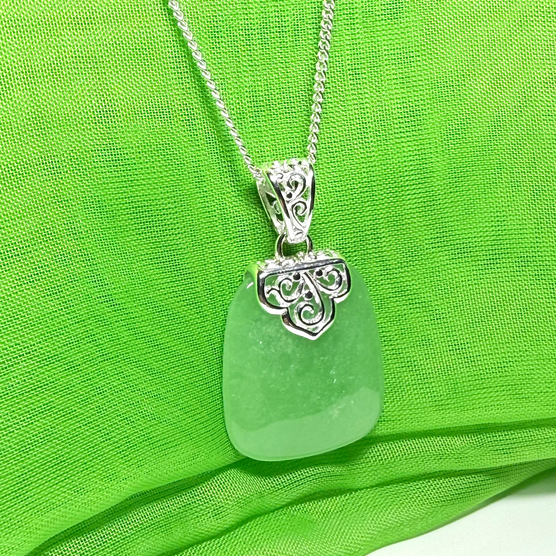 Real jade necklace green sterling silver large cushion shaped, a truly stunning pendant