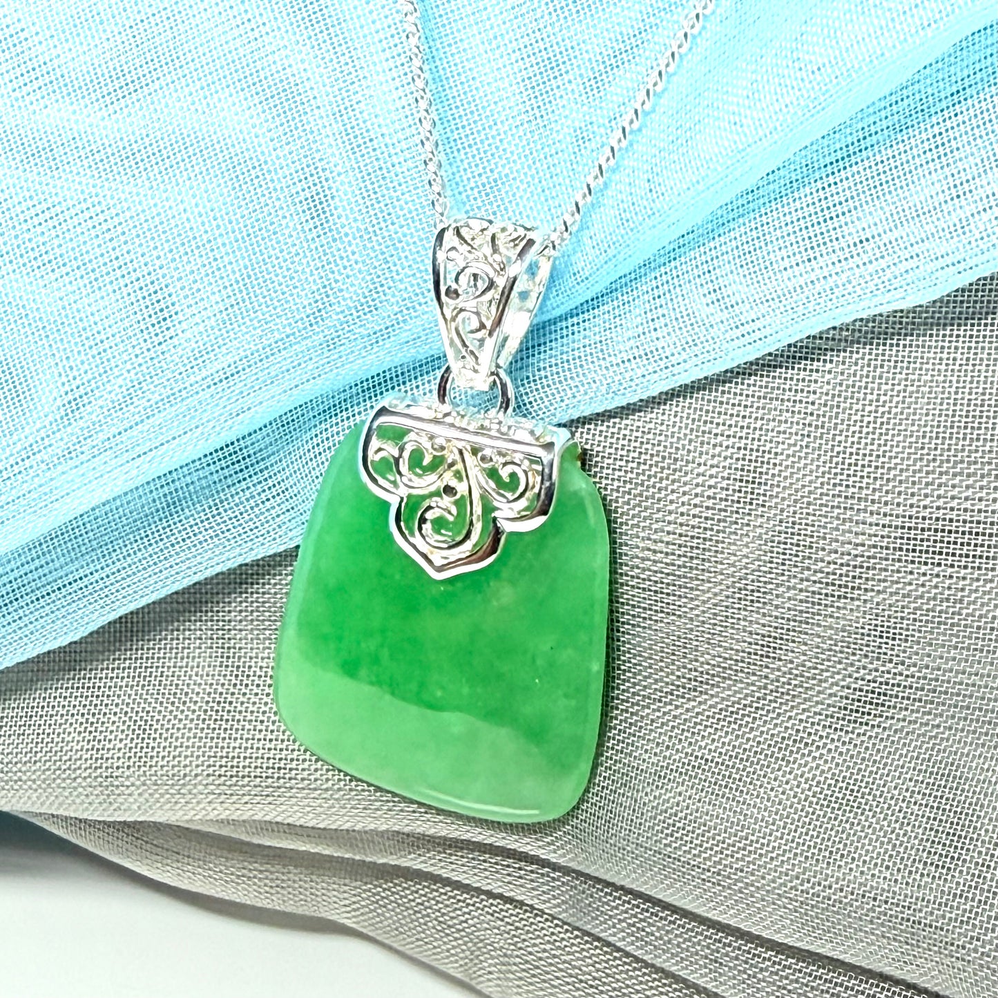 Real jade necklace green sterling silver large cushion shaped, a truly traditional design with chain