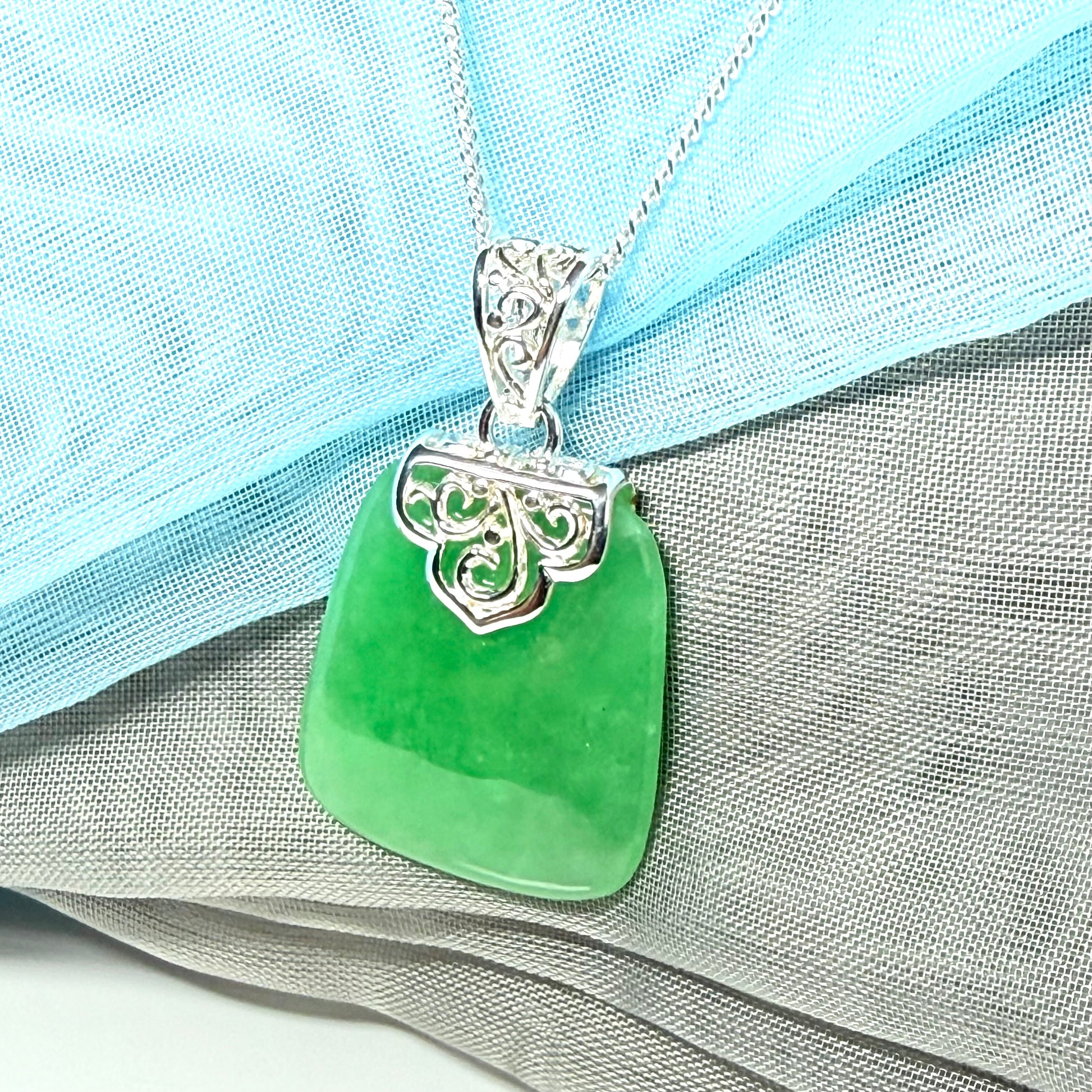 Real jade necklace green sterling silver large cushion shaped, a truly traditional design with chain