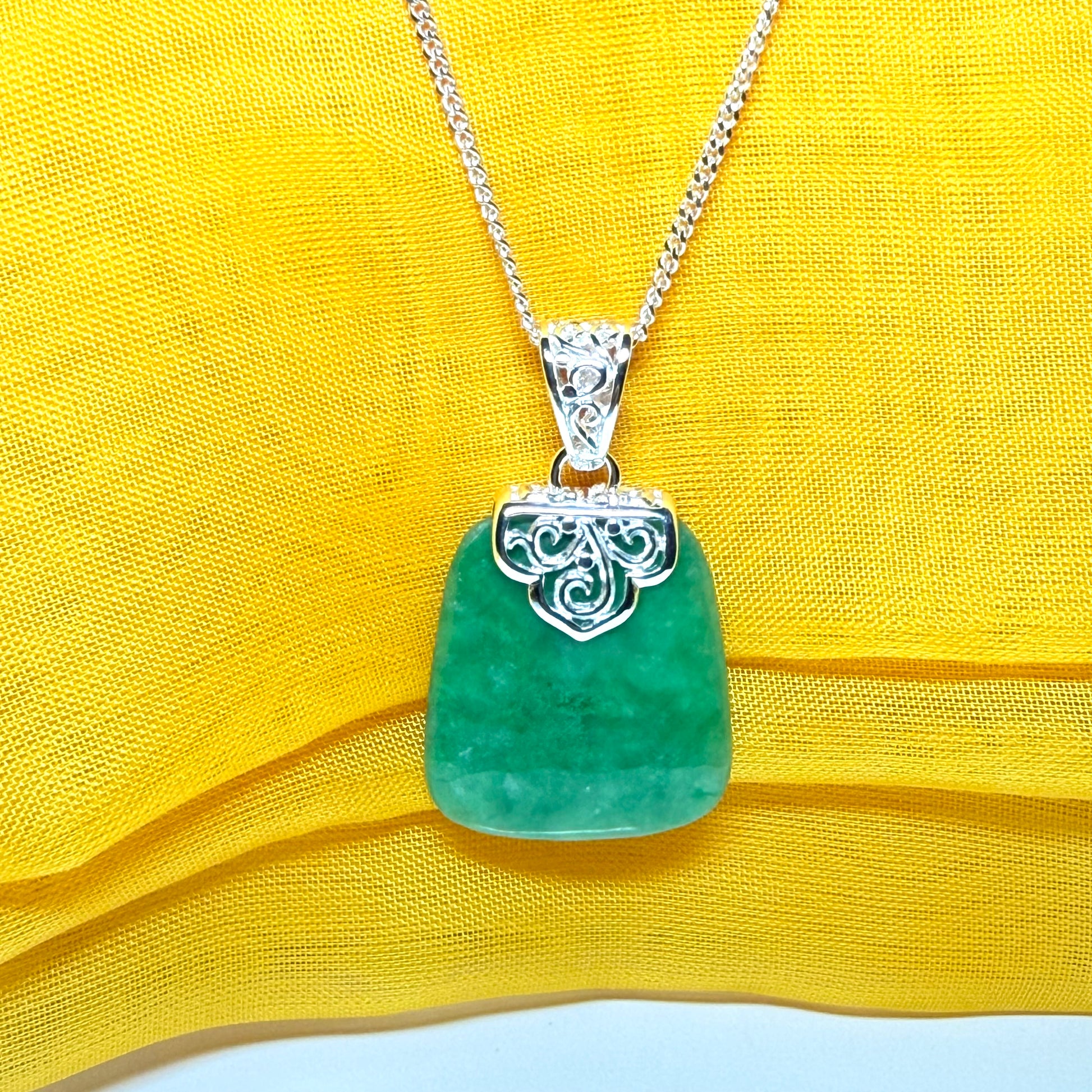 Real jade necklace green sterling silver large cushion shaped pendant, a truly stunning design