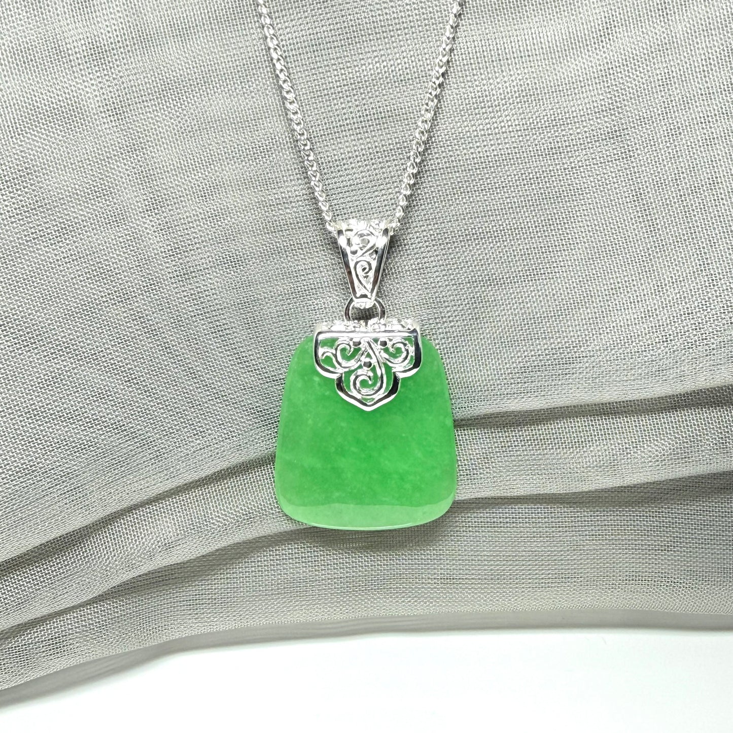 Real jade necklace green sterling silver large cushion shaped, a truly stunning designed pendant