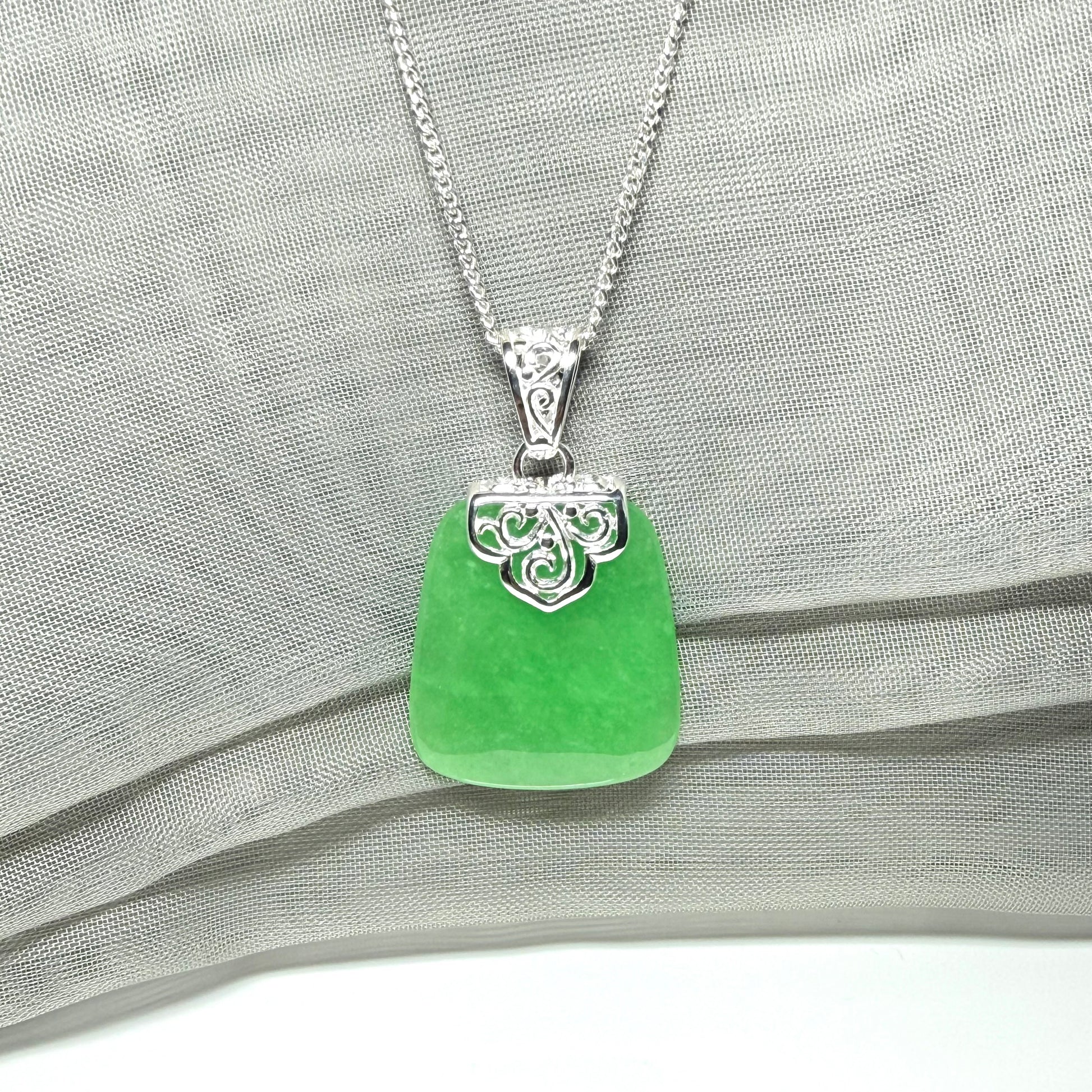 Real jade necklace green sterling silver large cushion shaped, a truly stunning designed pendant