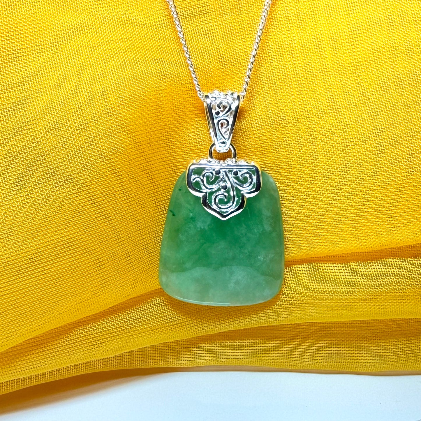 Real jade necklace green sterling silver large cushion shaped, with a truly timeless pendant