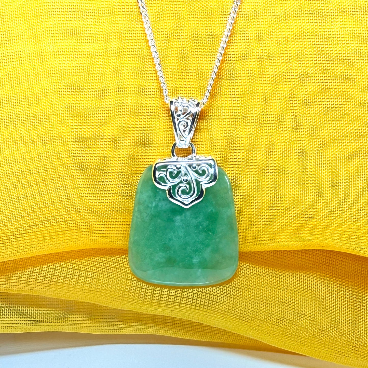 Real jade necklace green sterling silver large cushion shaped, with a timeless stunning designed with chain