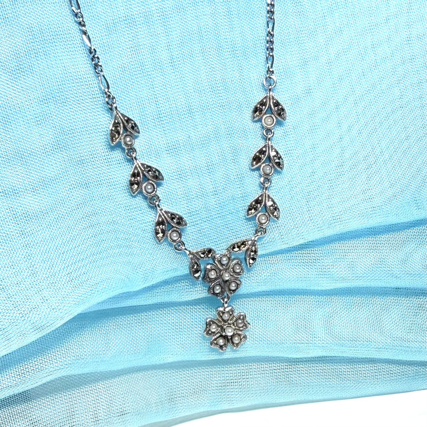 Real marcasite and real freshwater pearl flower shaped necklace sterling silver