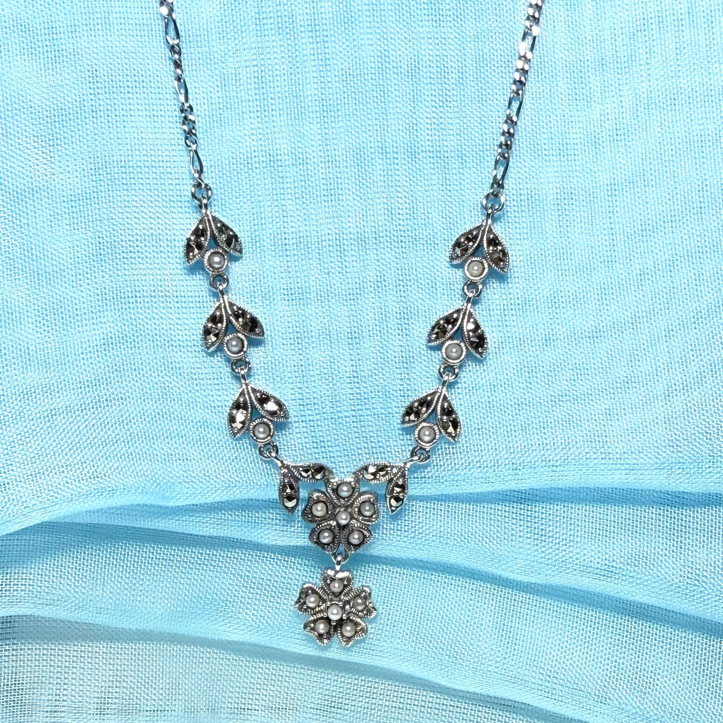 Real marcasite and real freshwater pearl flower shaped necklace sterling silver
