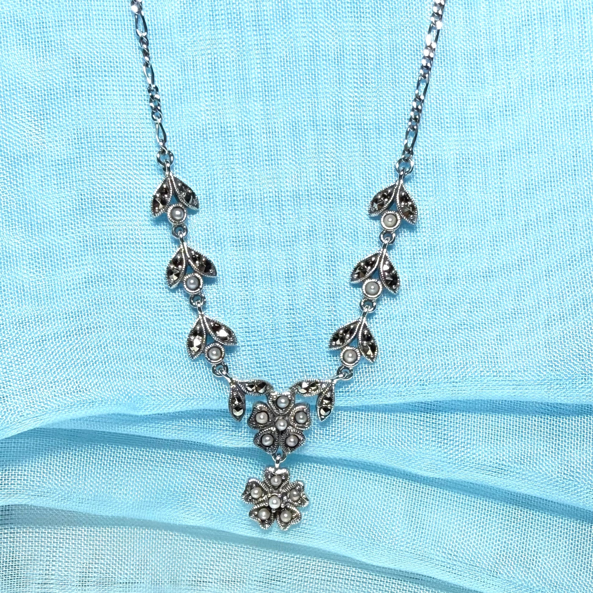 Real marcasite and real freshwater pearl flower shaped necklace sterling silver