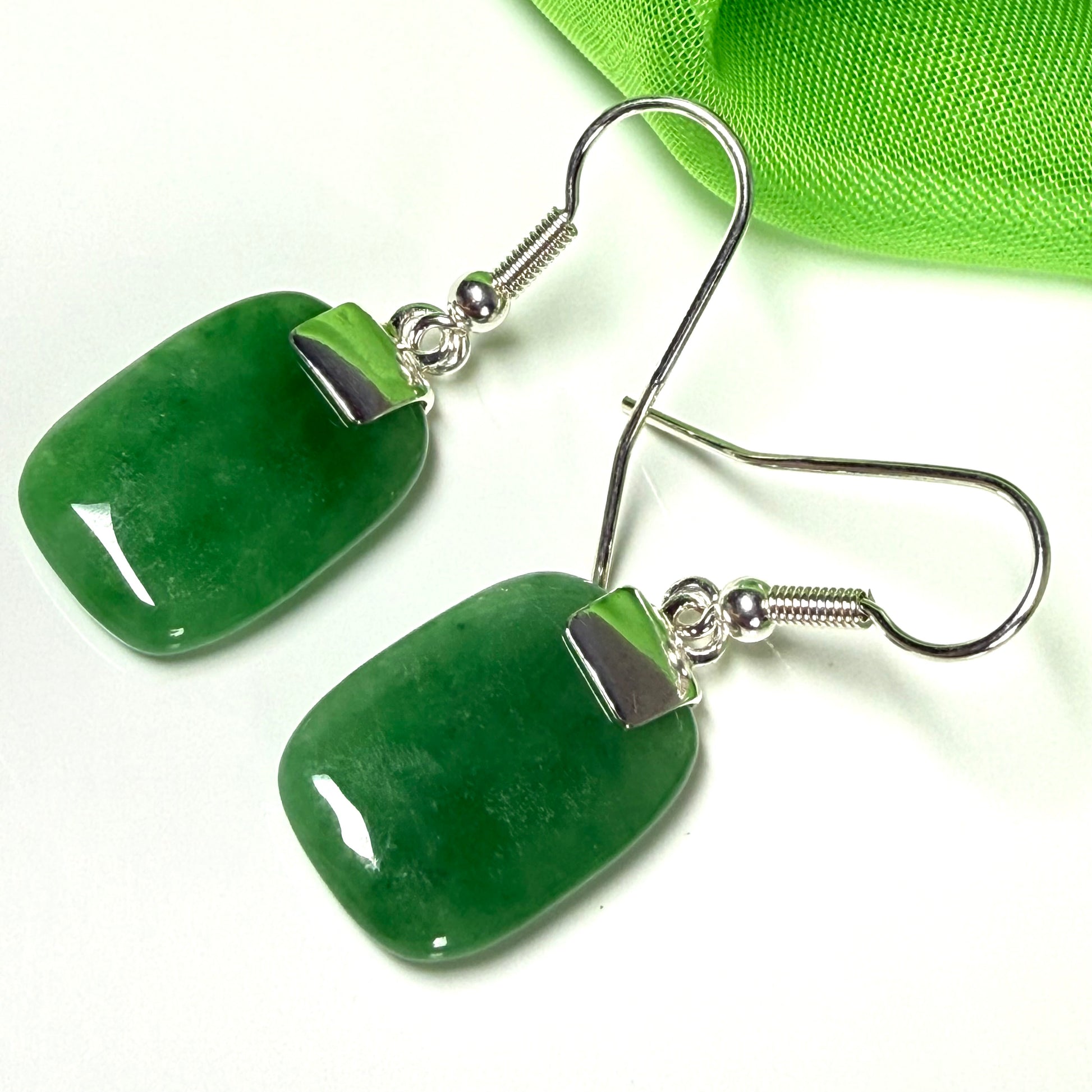 Real green jade cushion shaped sterling silver drop earrings