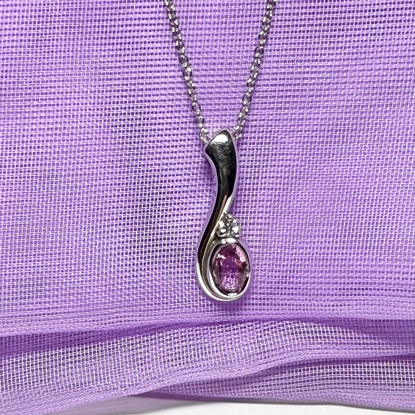 Real pink sapphire and diamond pendant necklace white gold