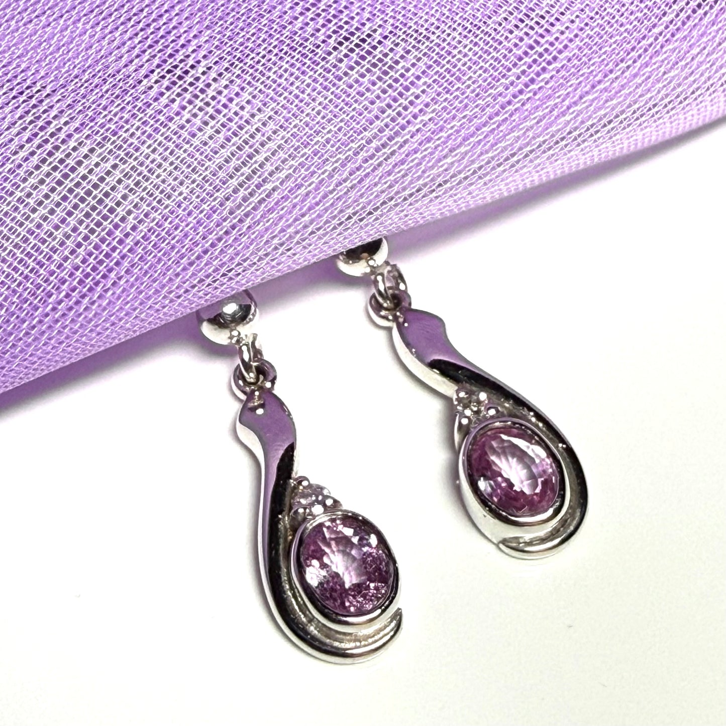 Real pink sapphire drop earrings with diamond white gold