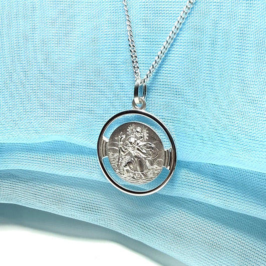 Round Pierced Solid Sterling Silver St.Christopher Necklace